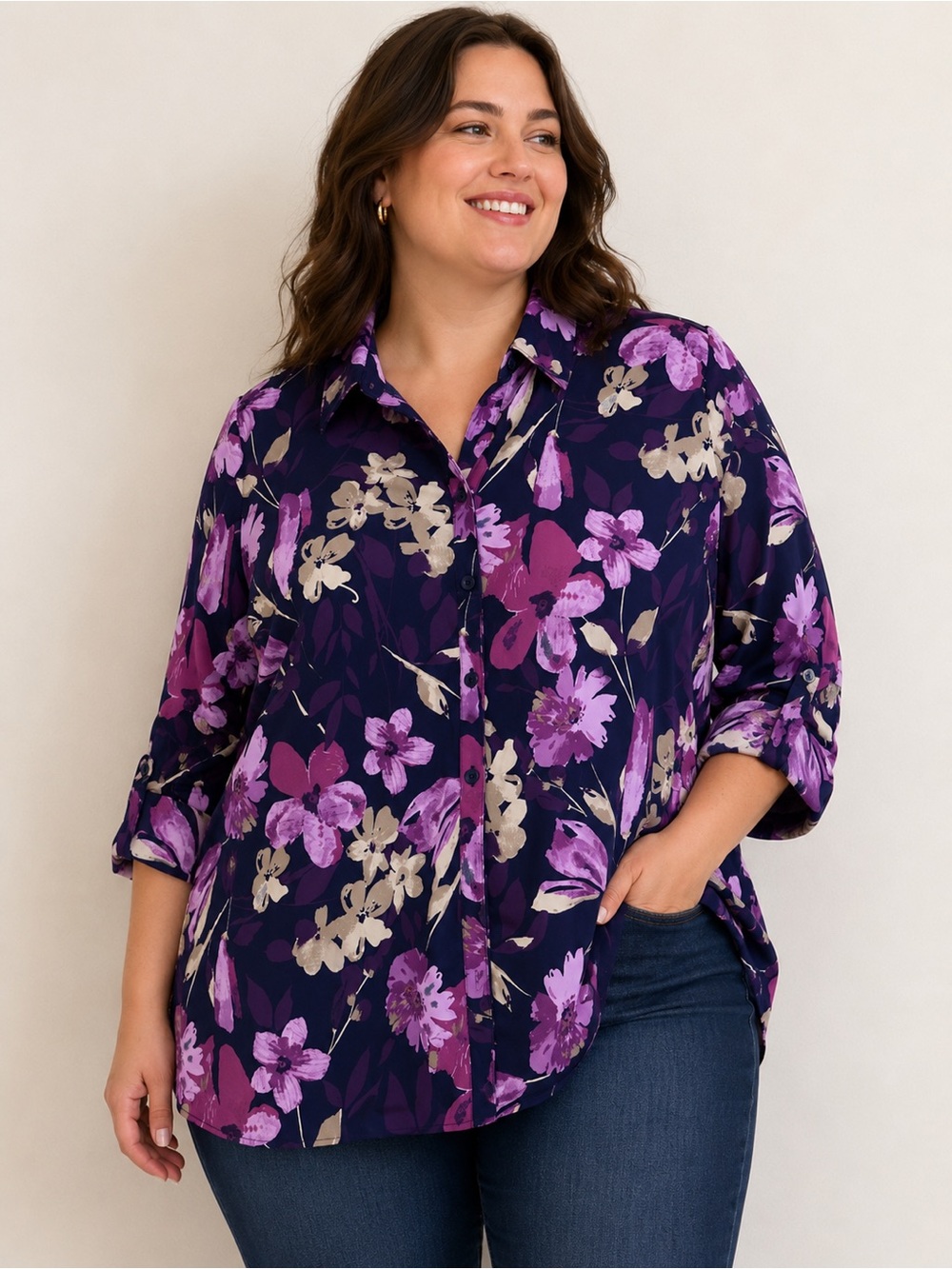 Catherines 3XWP Purple Floral Blouse Women’s Plus Size 3/4 Sleeve Career Top